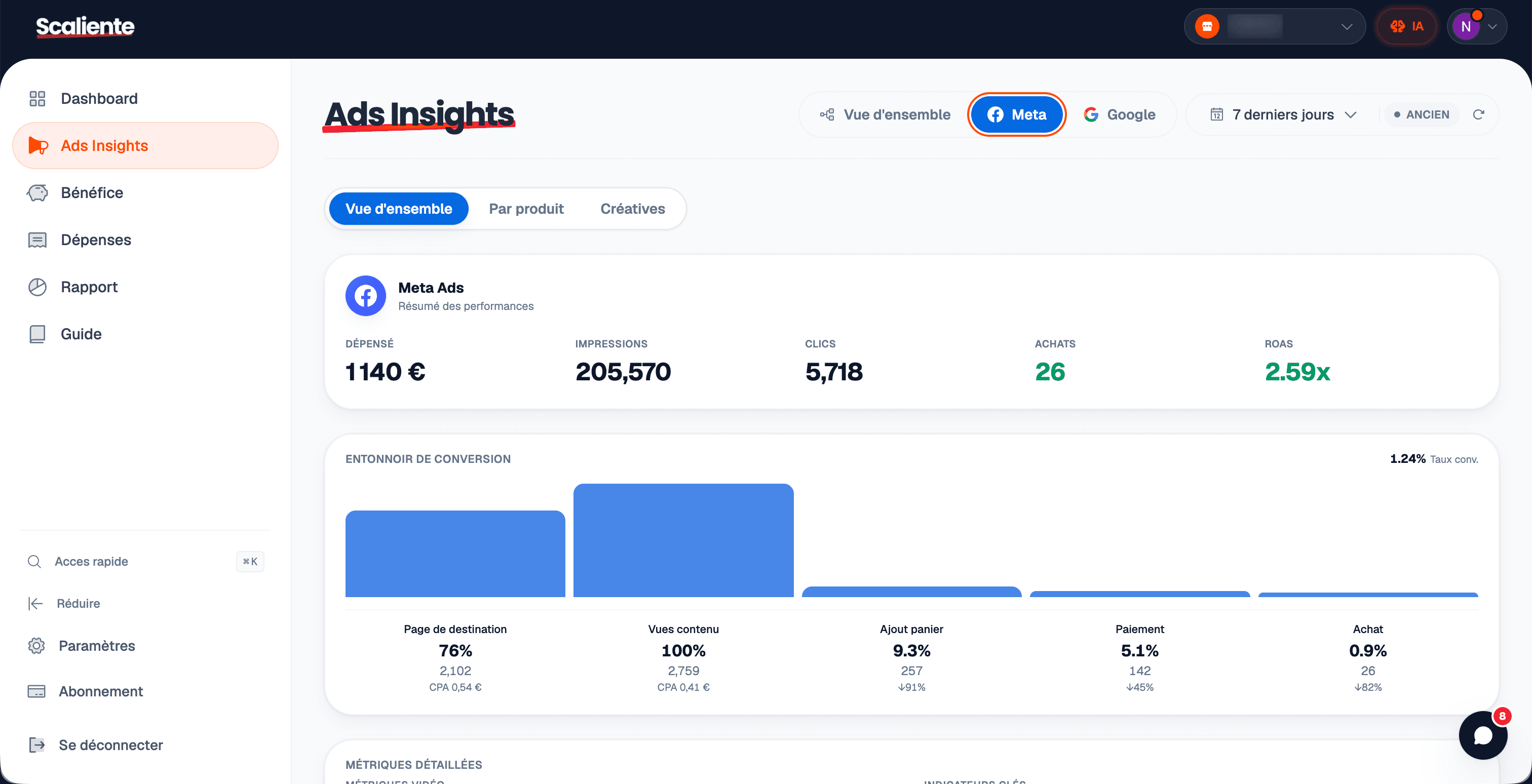 Analyse Meta Ads anonymisée dans Scaliente