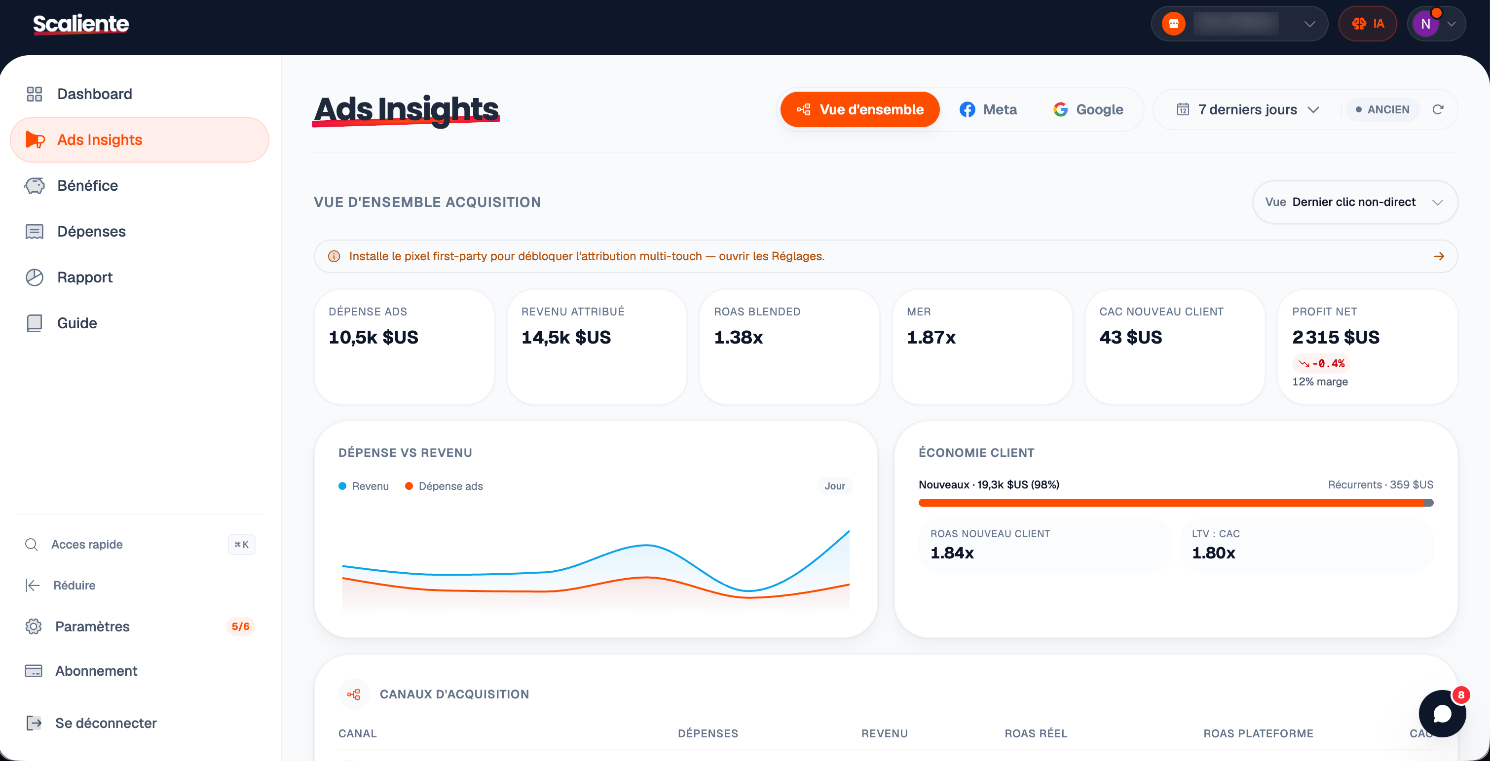 Vue Ads Insights anonymisée de Scaliente